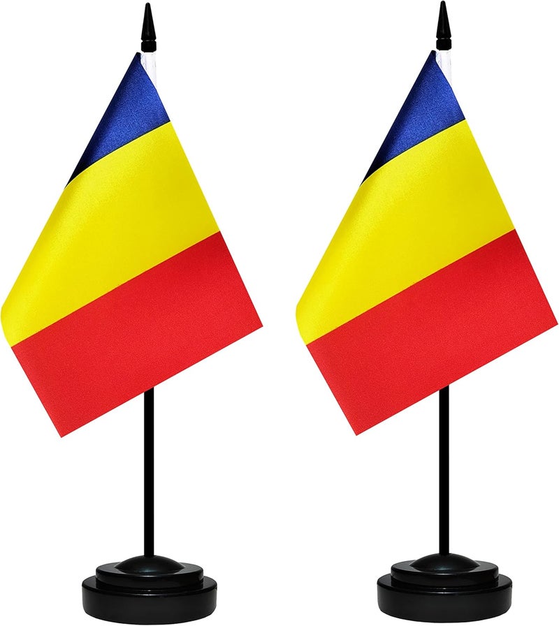 BCLin Romania Desk Flag Set, 2 Pack Romanian Table Office Flags, Small Mini Desktop Flag With 12" Solid Black Pole, Black Base, Miniature Desktop Flag - Image 1
